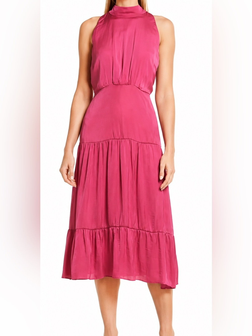 Sam Edelman NWT magenta high neck tiered midi dress, size 6